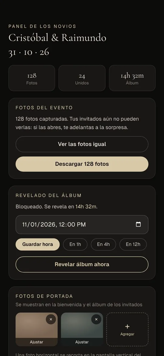 Panel de los novios con fotos, invitados y hora del revelado